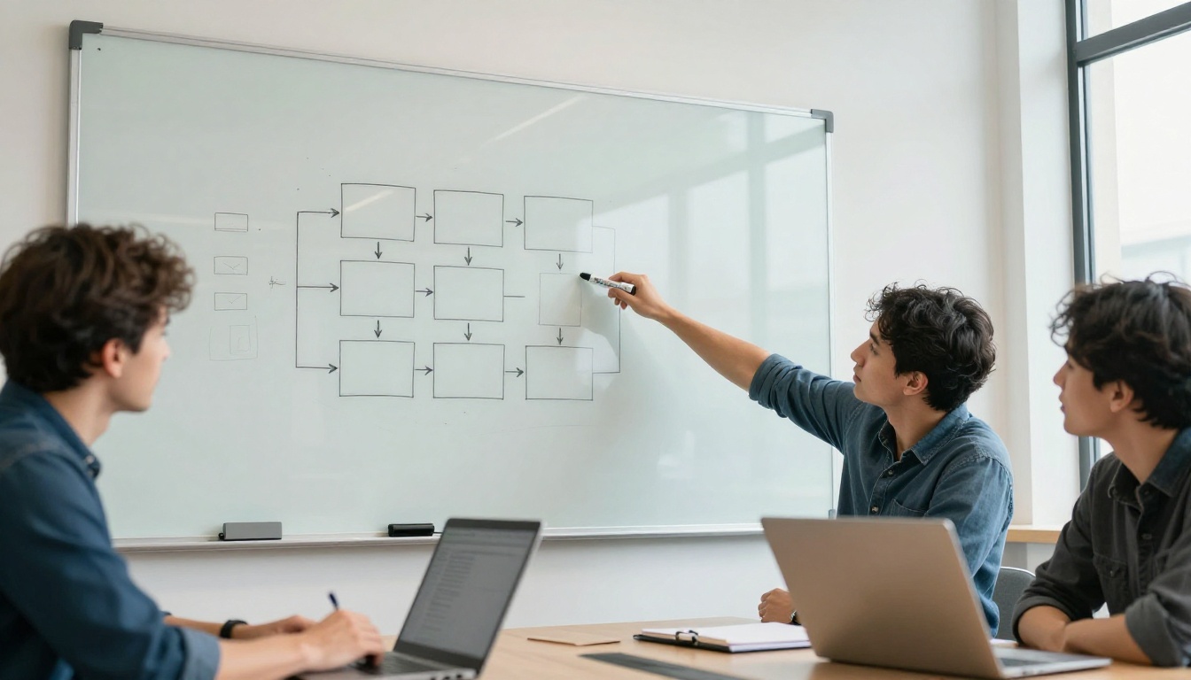 Three engineers sketching boxes and arrows on a glass whiteboard