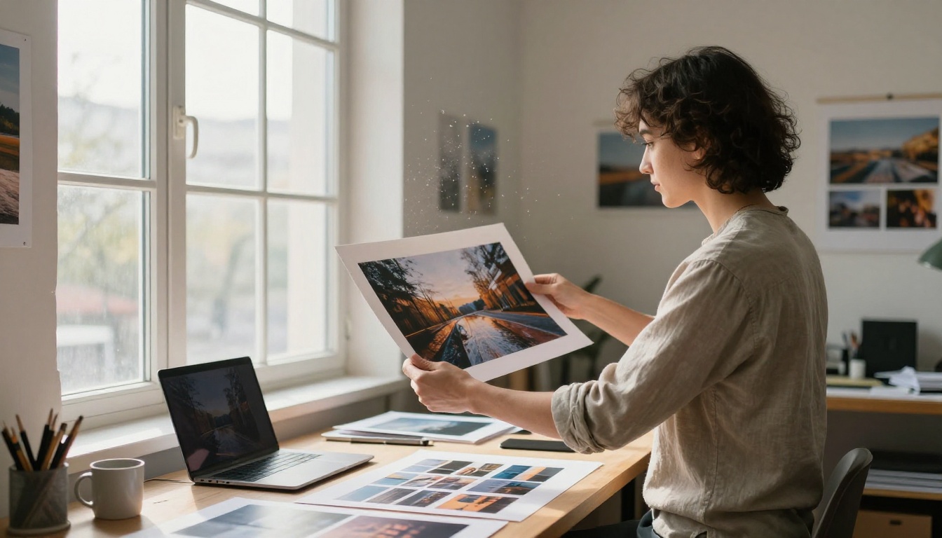 Designer holding a printed photograph up to a loft studio window