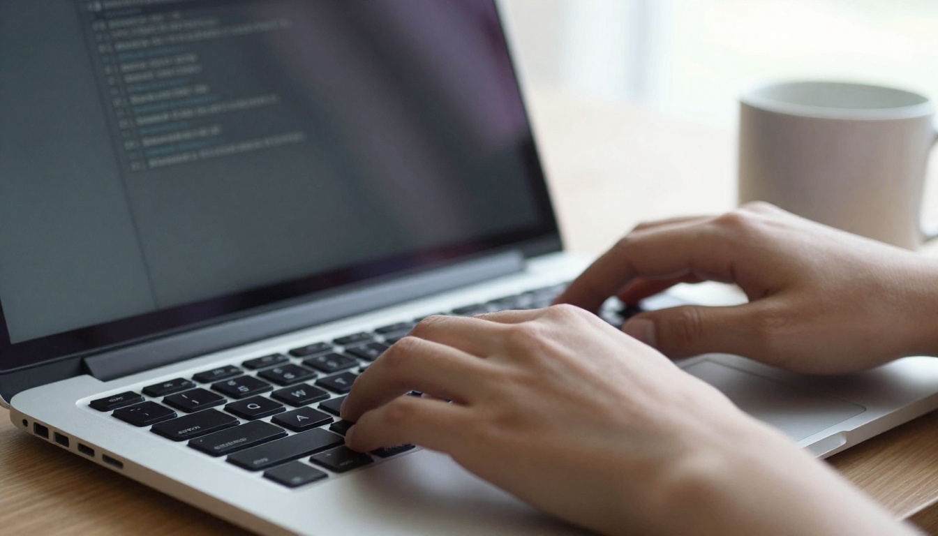Hands typing on a laptop with a terminal window on screen