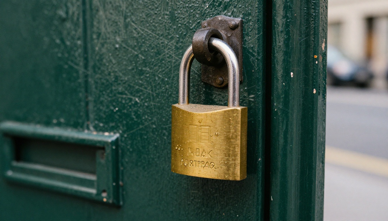 Brass padlock on a weathered green wooden door