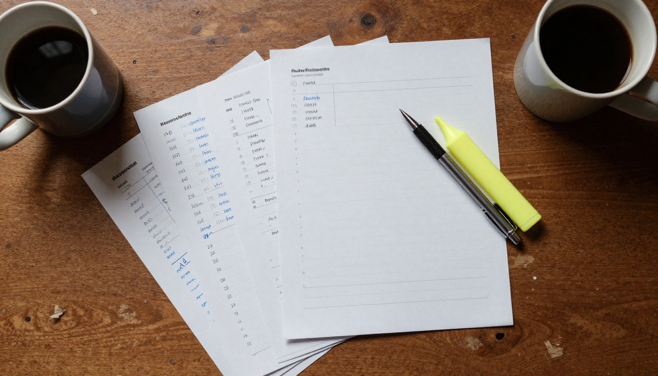 Printed specification pages with blue pen margin notes on an oak desk