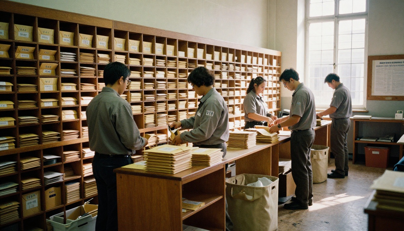 Postal workers sorting self-contained envelopes into wooden pigeonholes