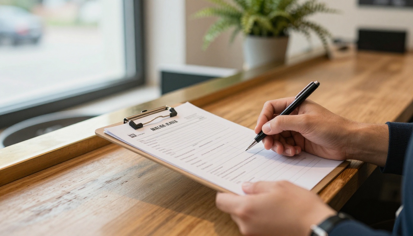 Two pairs of hands passing a clipboard form across a wooden counter
