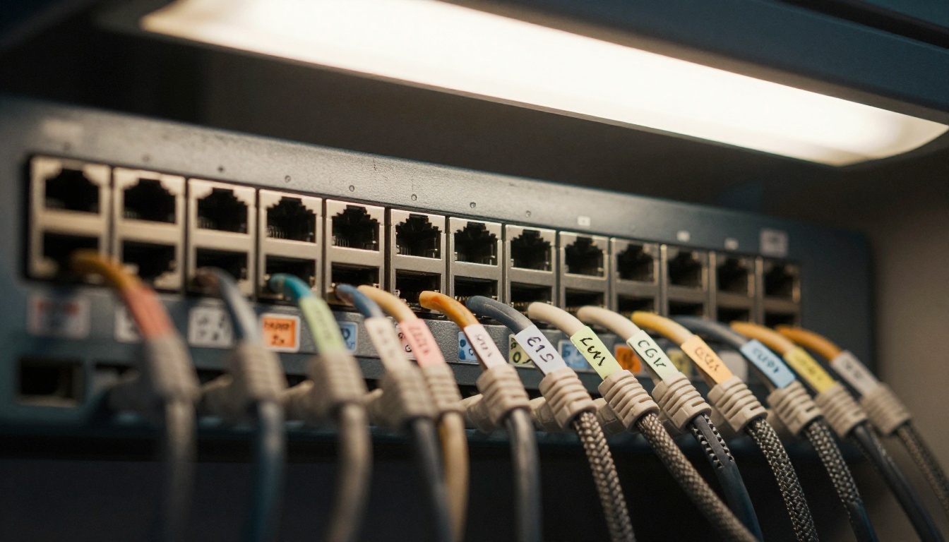 Network switch with hand-tagged ethernet cables in macro close-up