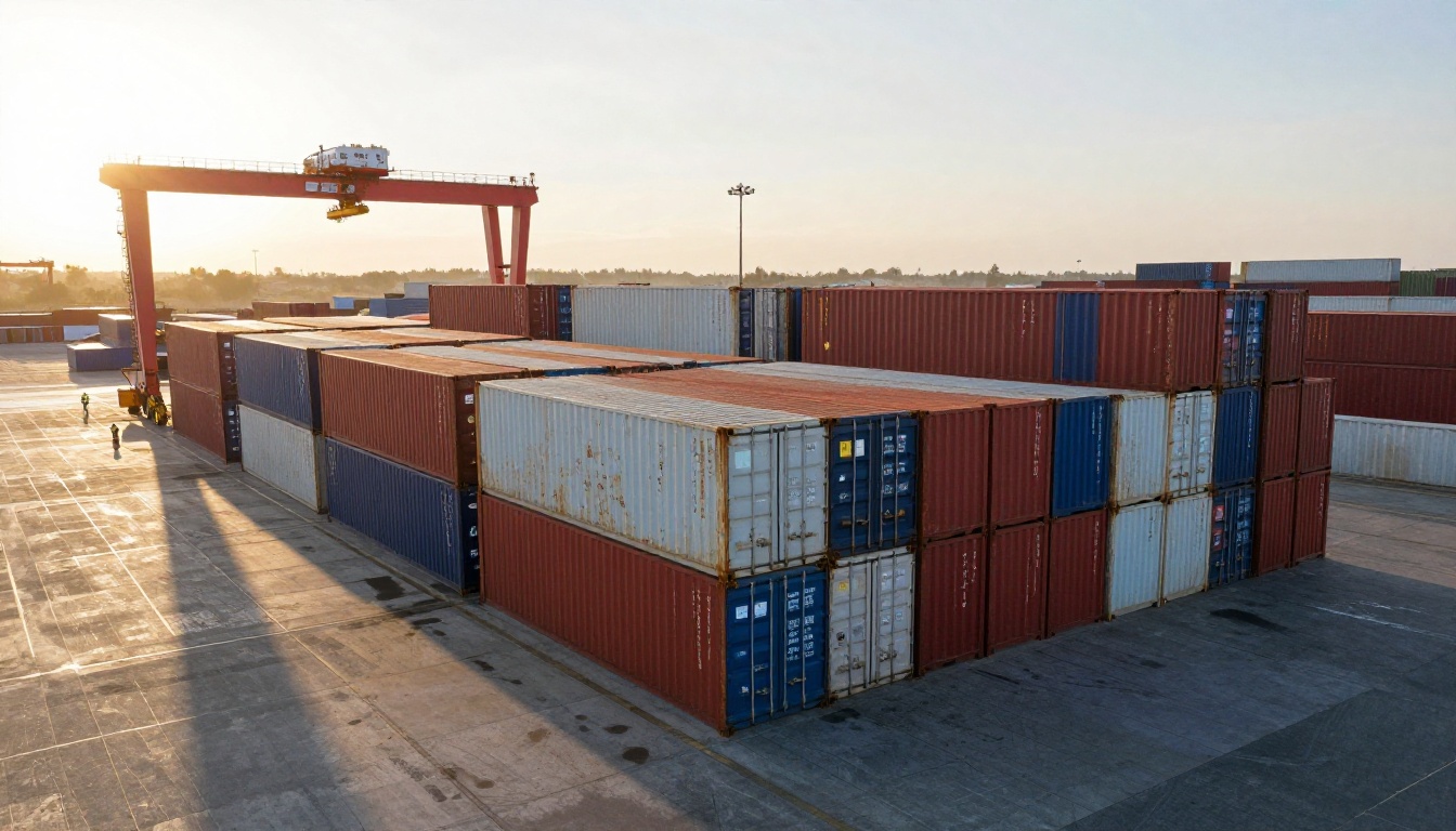 Aerial view of a container port where stacked shipping containers stand in neat grids at golden hour