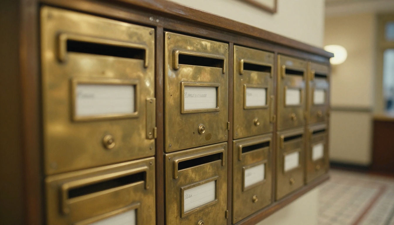 Close-up of vintage brass mailboxes with small paper name labels in an old apartment lobby