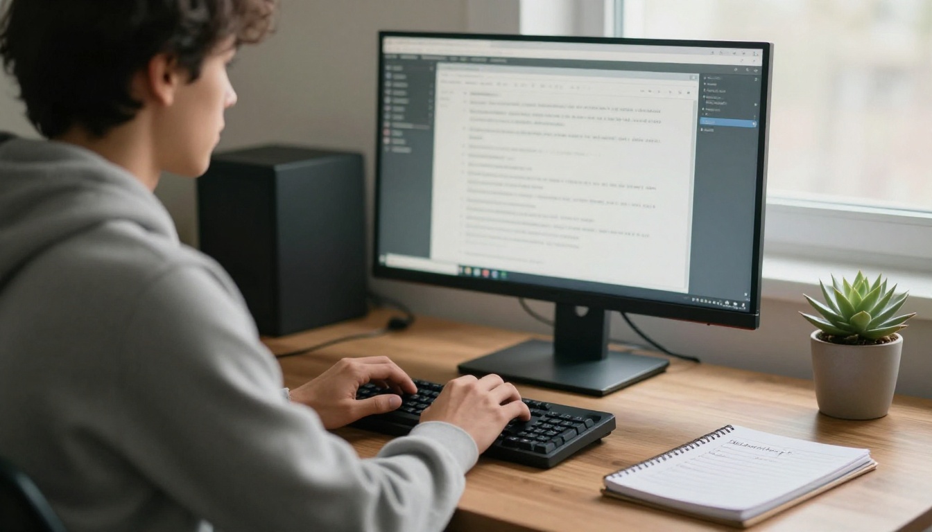 Developer in a gray hoodie typing at a standing desk beside a notebook checklist and a small succulent