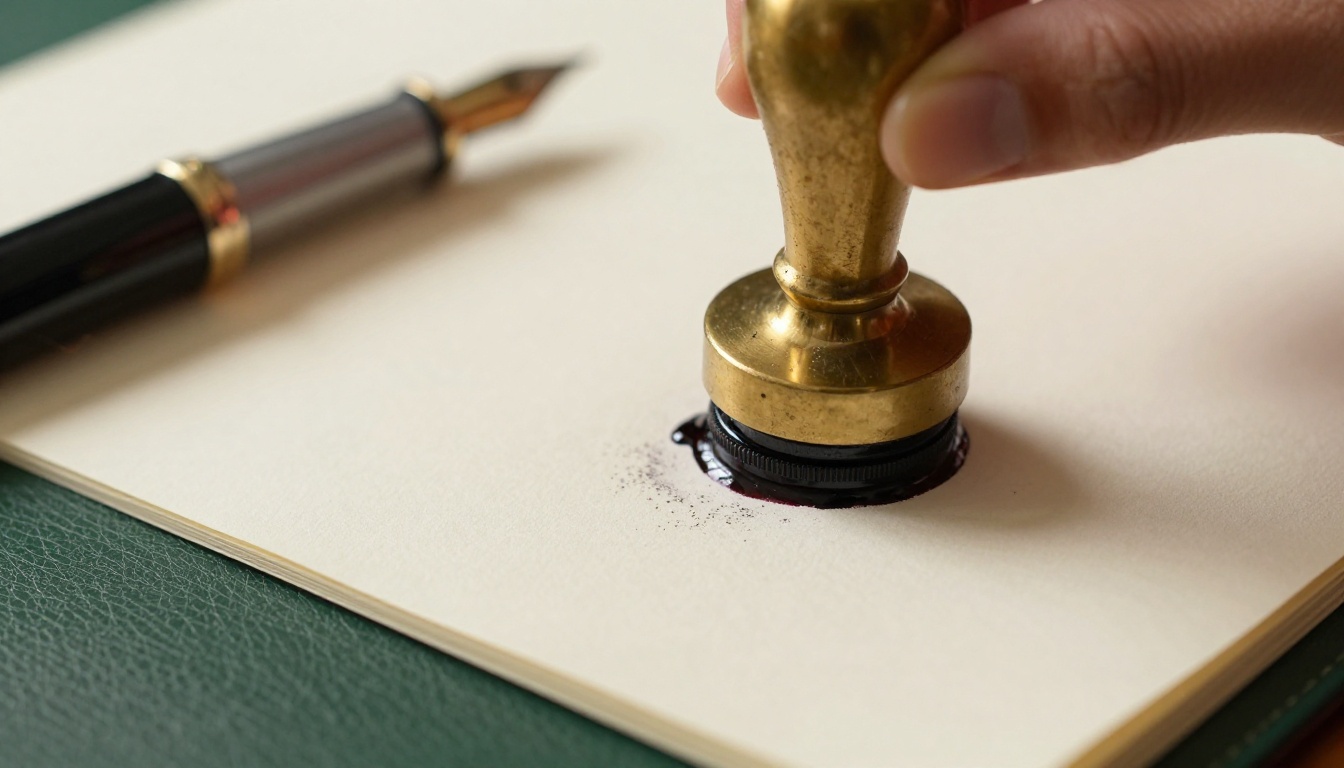 Macro shot of a brass notary stamp pressing a fresh ink impression onto thick cream paper
