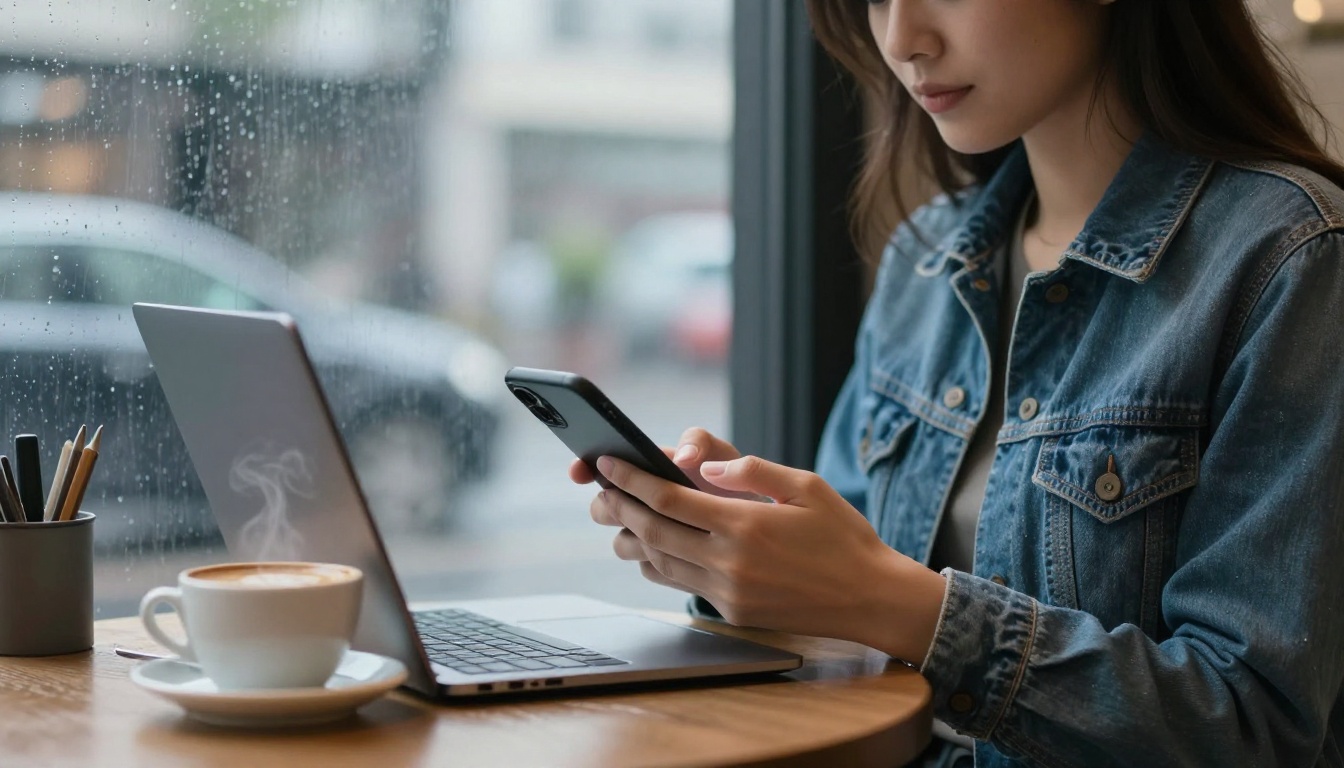 Woman in a denim jacket at a rainy cafe window table holding a phone beside an open laptop