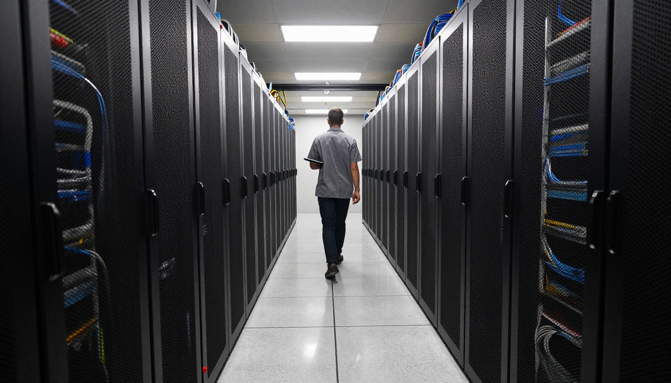 Low-angle view down a quiet data center aisle lined with tall black server racks