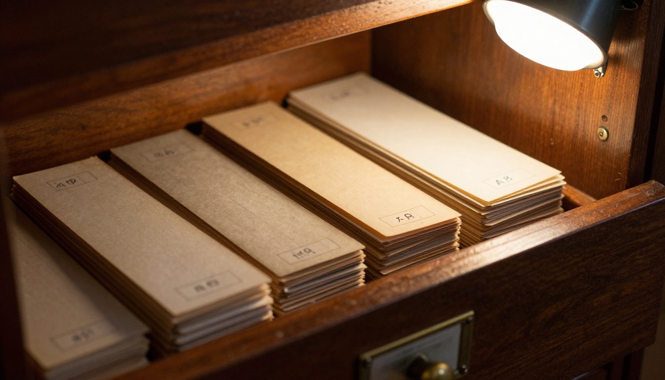 Open library card catalog drawer with dated index cards