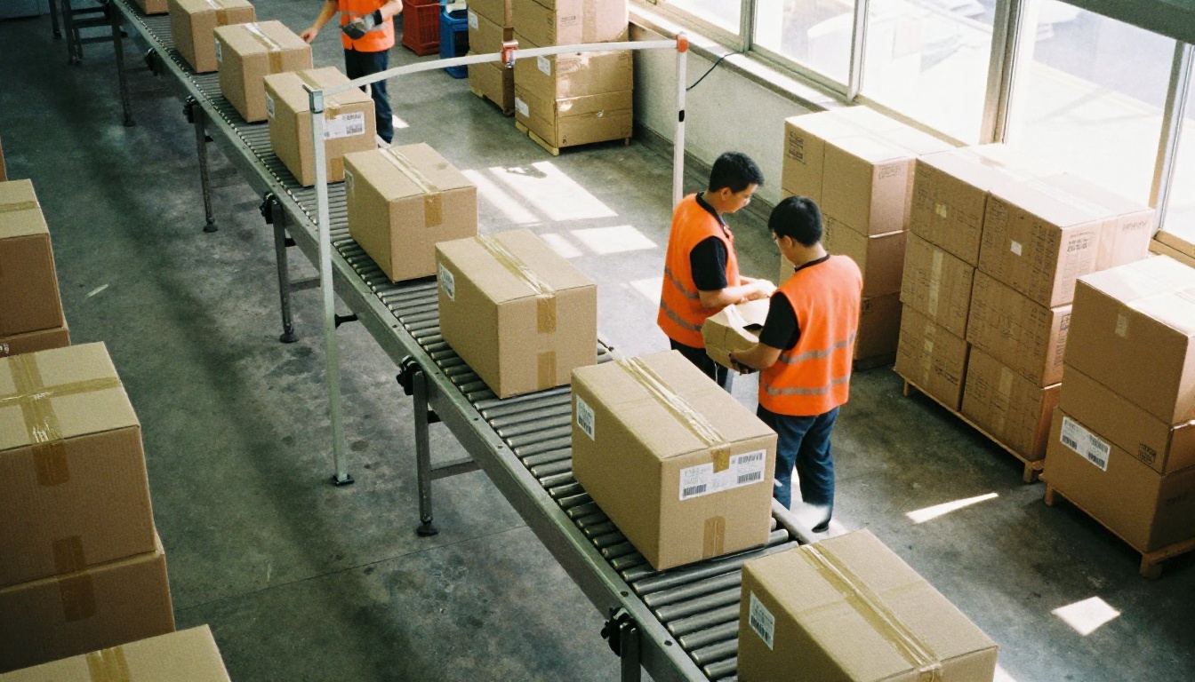 High-angle view of cardboard parcels riding a conveyor belt through a sorting hall