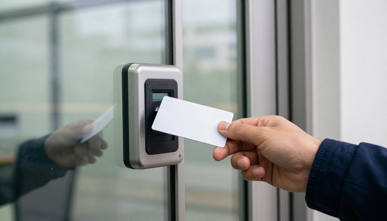 Hand holding an ID card against a badge reader beside a glass door