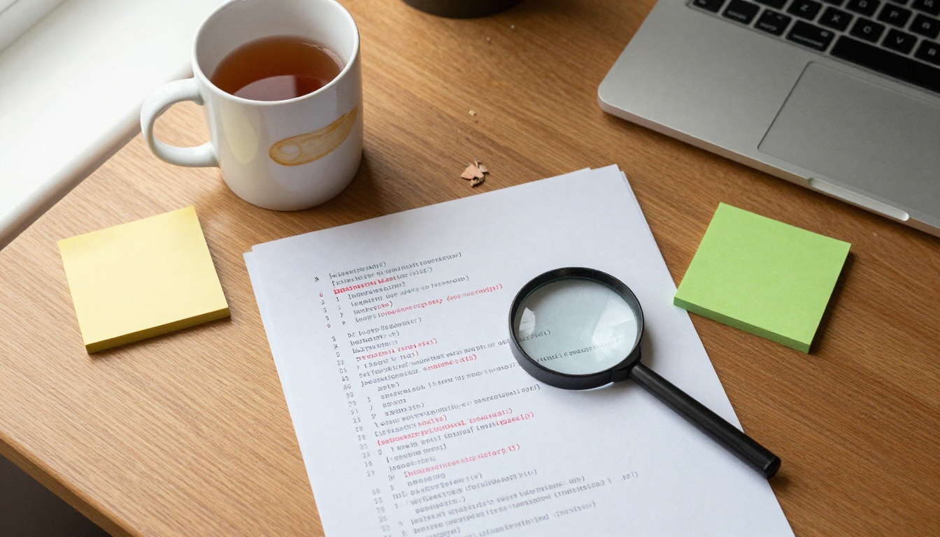 Overhead view of a desk with a printed page marked in red pencil, a magnifying glass and sticky notes