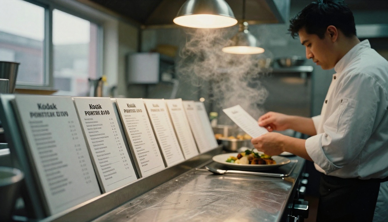 Order tickets on a stainless steel kitchen rail with a chef in the background