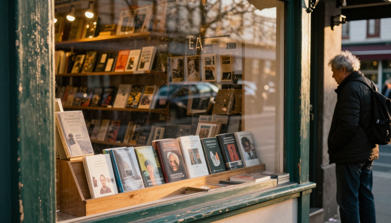 Eye-level view of a bookshop window at golden hour with one new hardback book on a wooden display stand