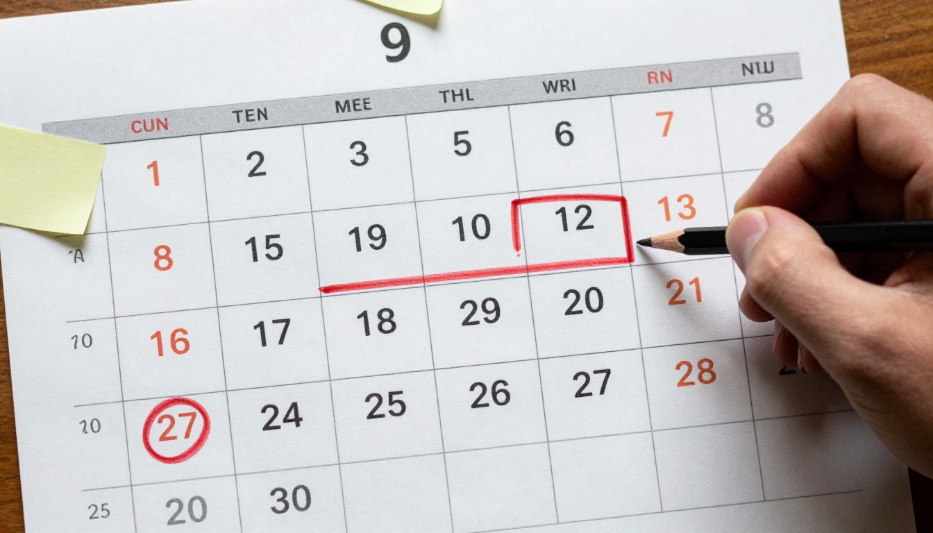 Wall calendar with dates circled in red pencil