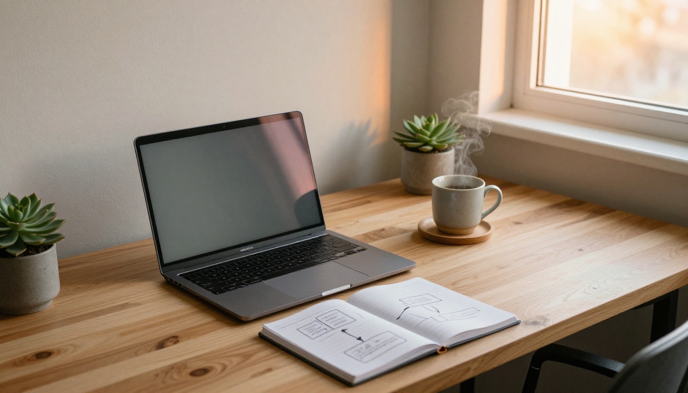 Quiet morning developer workspace with a notebook diagram and coffee