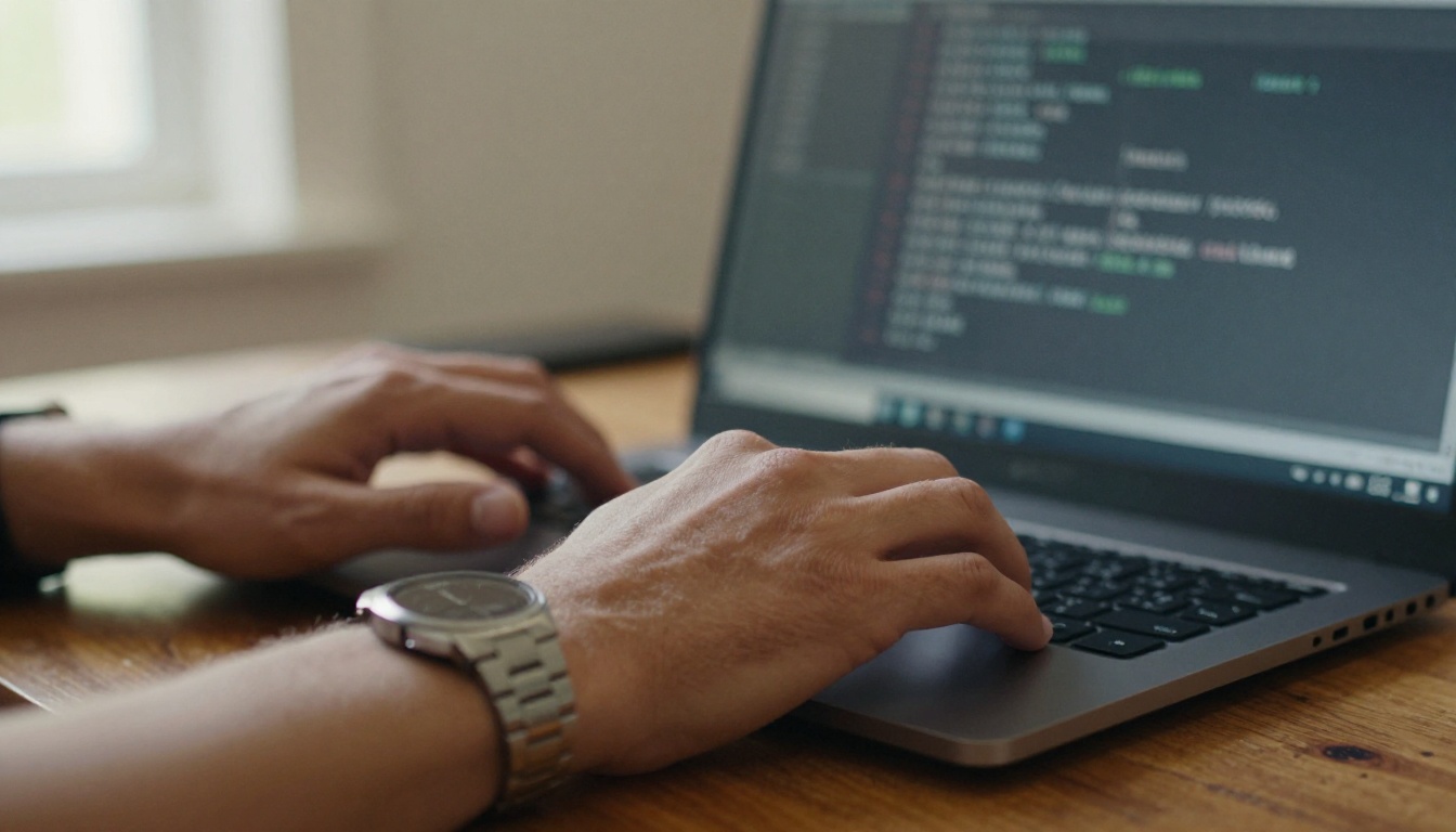 A developer's hands over a laptop with a blurred configuration file on the screen