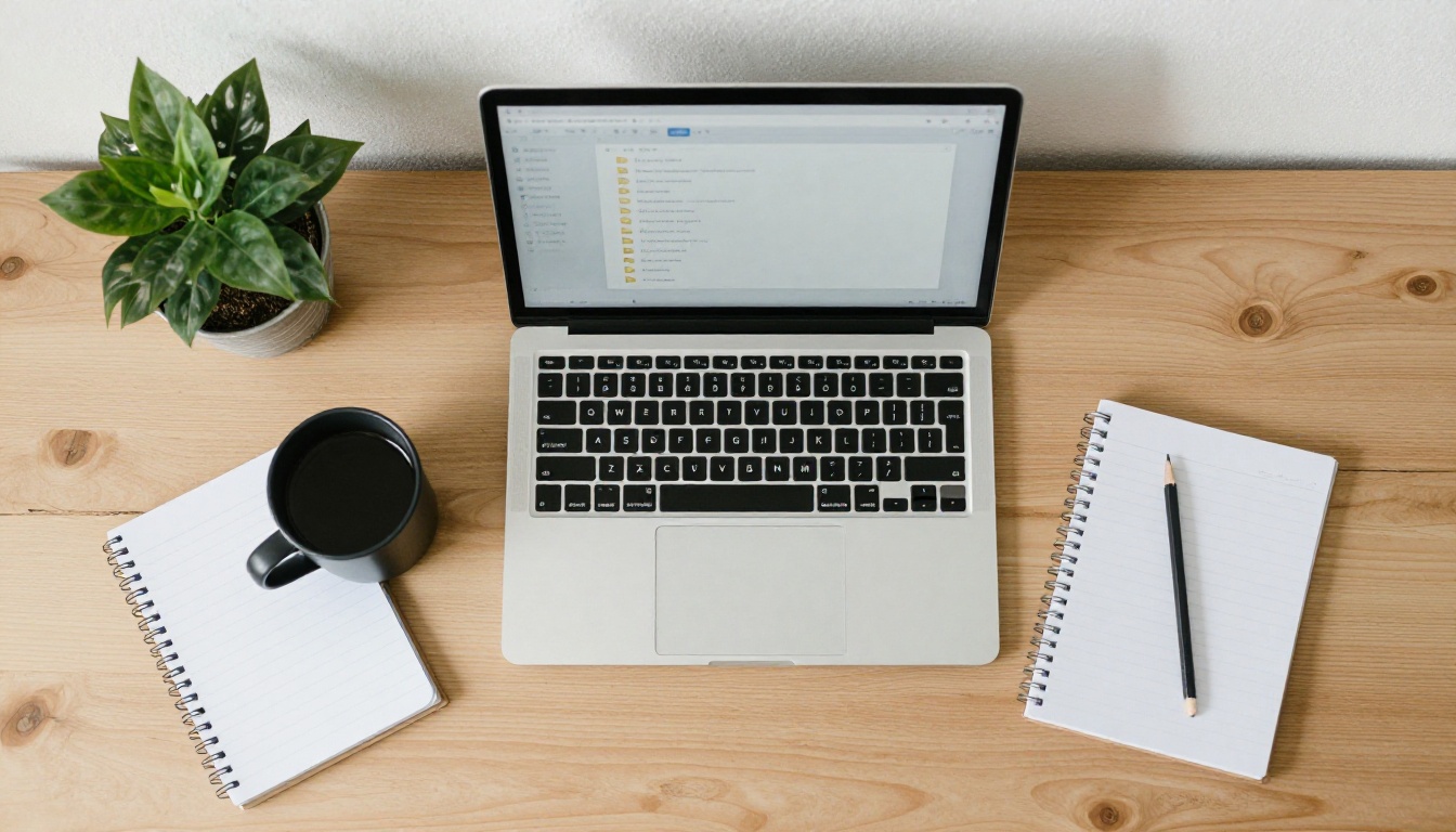 Top-down view of a desk with a Windows laptop showing a folder window next to a notebook and a coffee mug