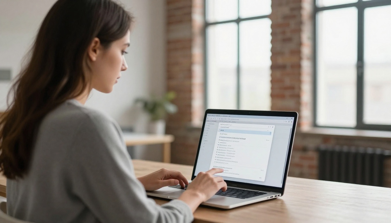 Over-the-shoulder view of a woman scrolling through a settings window on a silver laptop