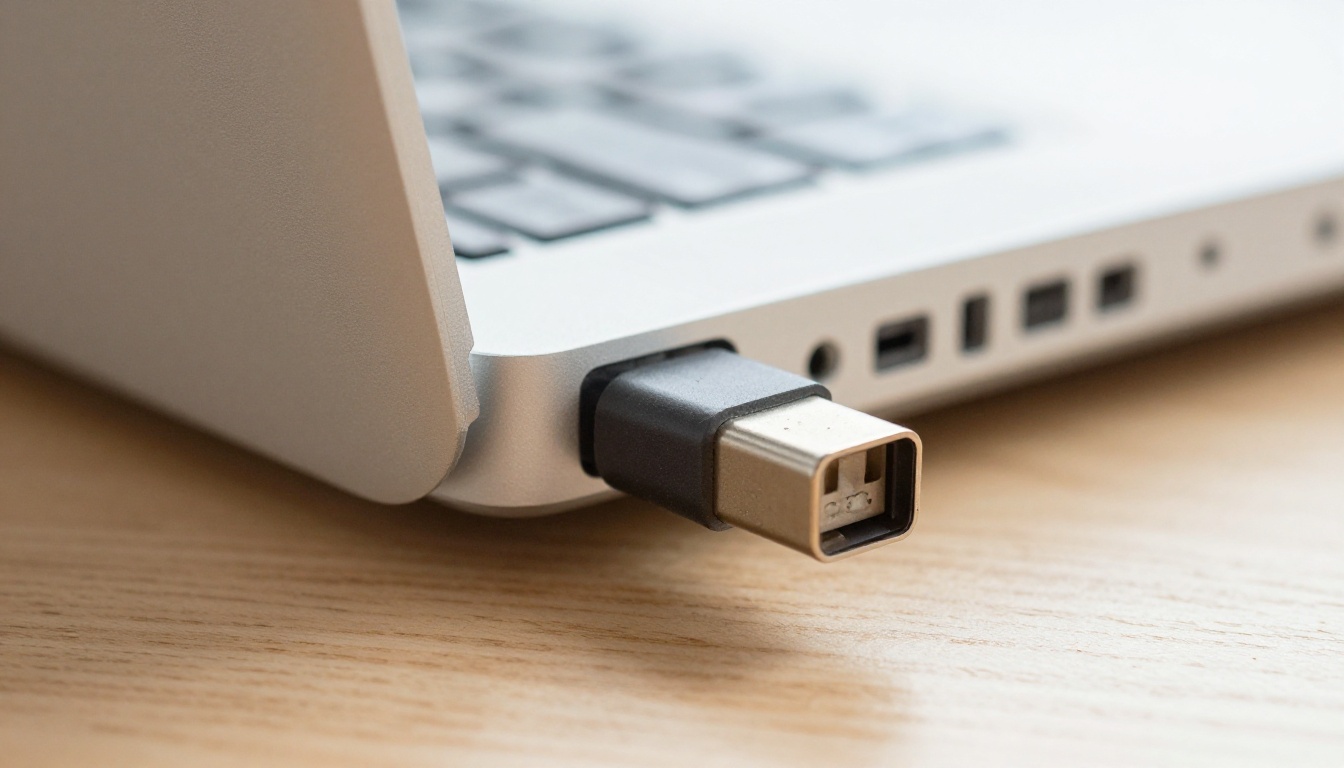 Extreme macro of a USB-C cable plugged into the side port of an aluminum laptop