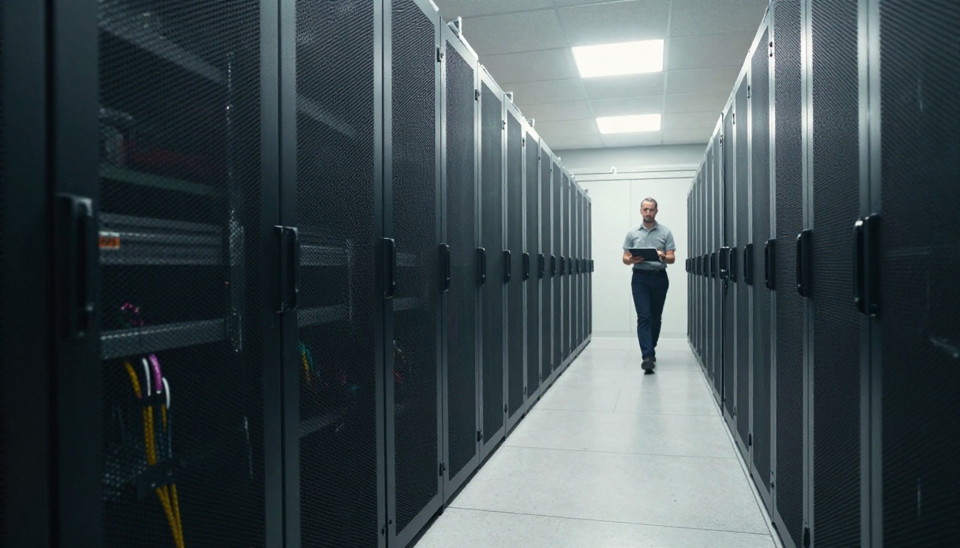 Wide-angle view down a quiet data center aisle between rows of matte black server cabinets