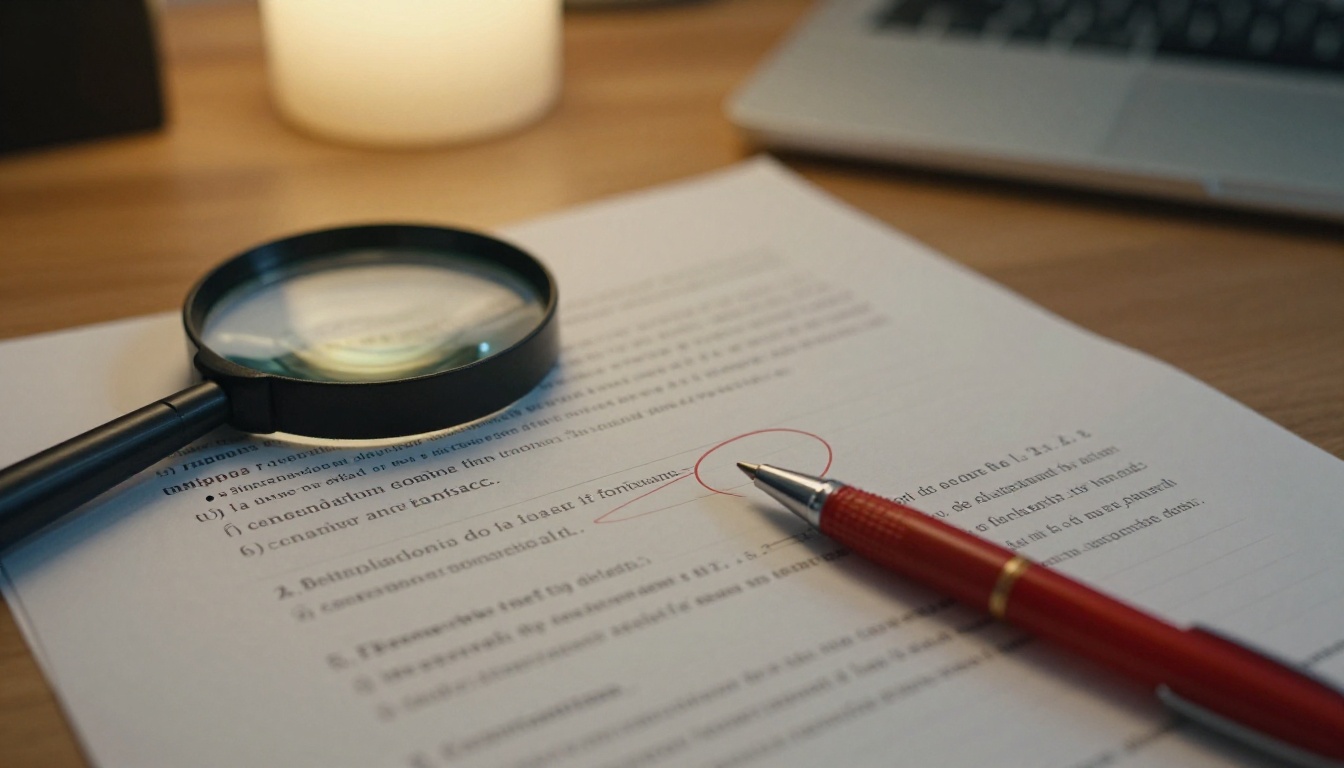 Close-up of a printed page of configuration text with a red pen circling one line and a magnifying glass beside it