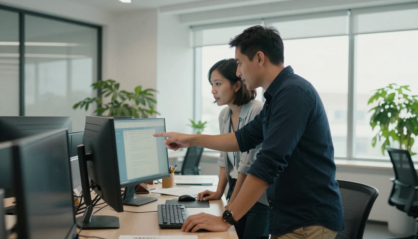 Two colleagues standing at a desk and pointing at something on a monitor in a bright office