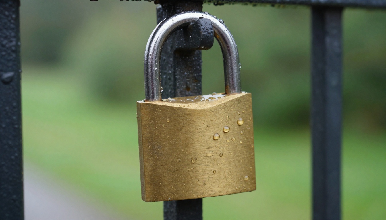 Macro photo of a weathered brass padlock hanging on a dark steel latch
