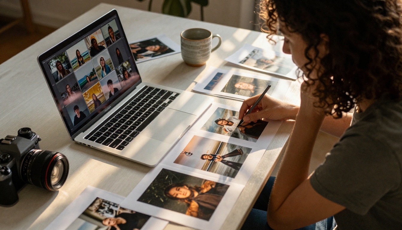 A woman with curly hair inspecting printed photographs on a desk at golden hour