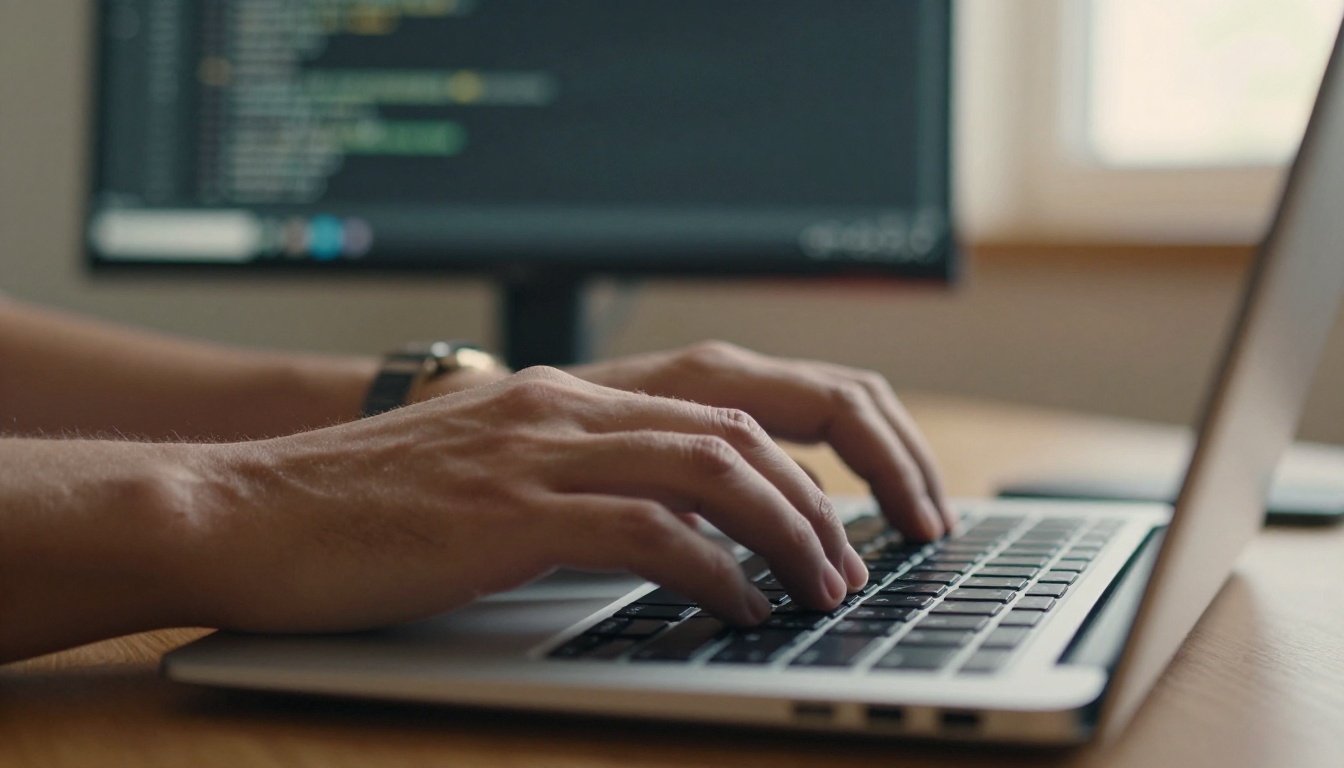 Close-up of a developer's hands typing on a laptop at desk level