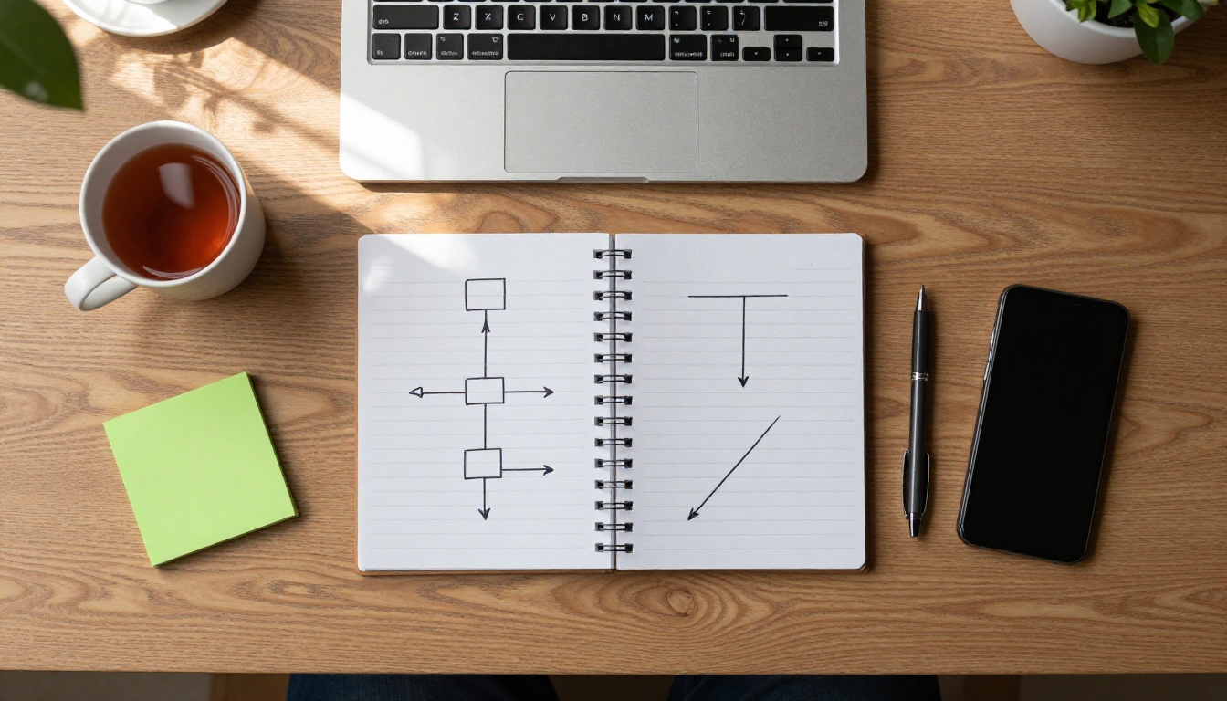 Top-down view of a desk with a laptop, notebook sketch of folders and a cup of tea
