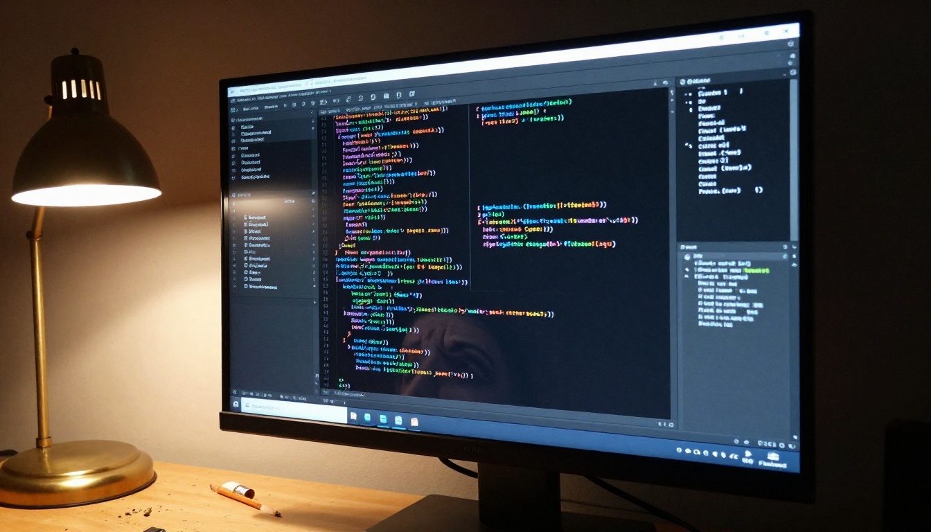Low-angle view of a monitor full of indented code with a furrowed forehead behind it