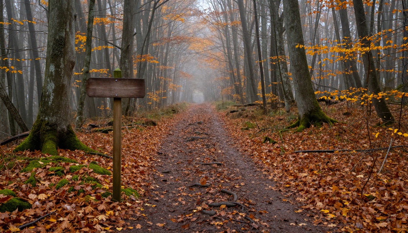 A forest trail splitting in two at an unmarked wooden signpost in autumn mist