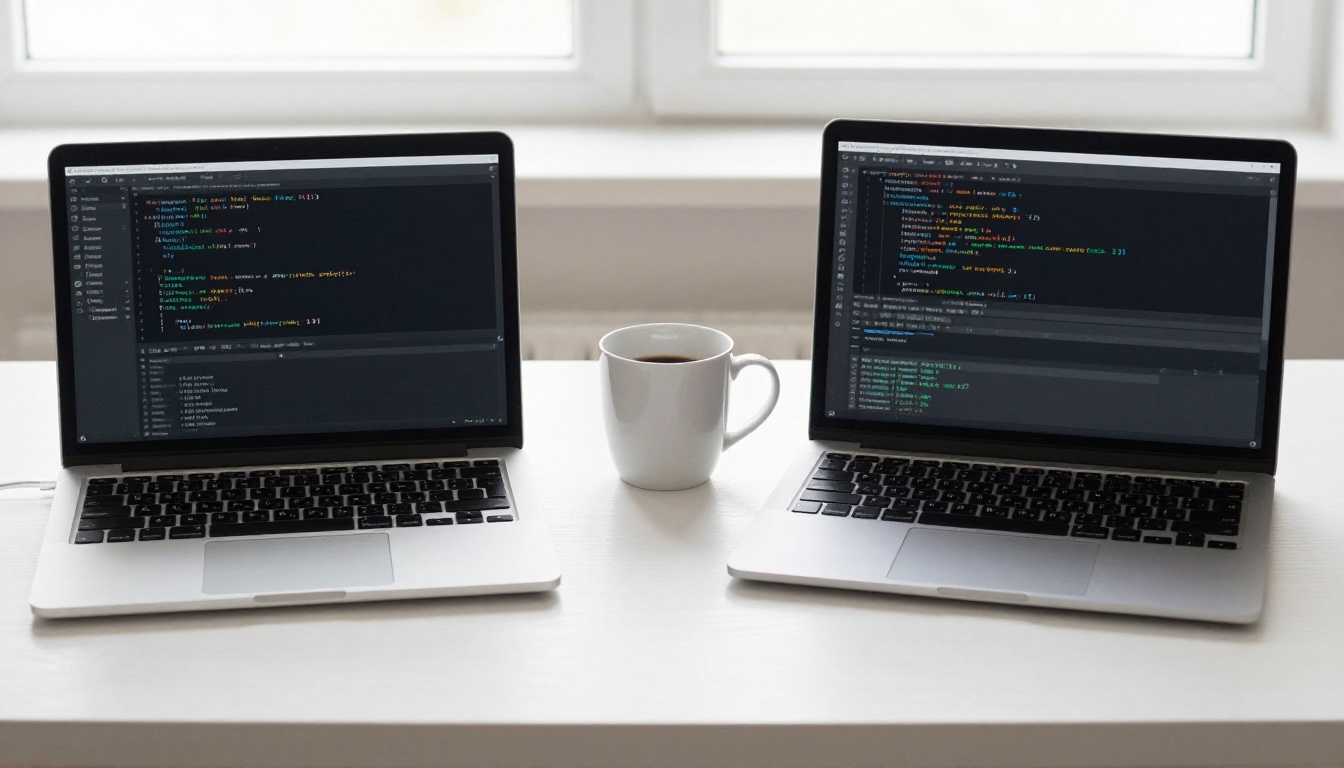 Two laptops side by side on a white desk, one silver and one black, both showing code editors
