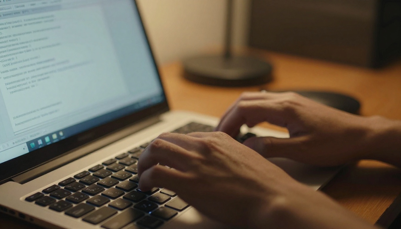 Close view of a developer's hands typing a short command into a terminal in a dim home office