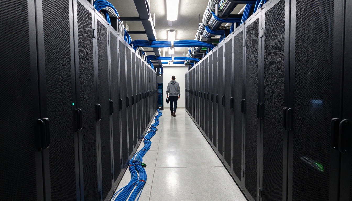 Symmetrical view down a data center aisle between black server racks with a technician far away