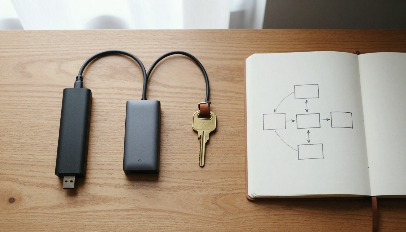 Overhead view of a wooden desk with a USB hub, a network cable and a brass tag beside a hand-drawn diagram of three connected boxes