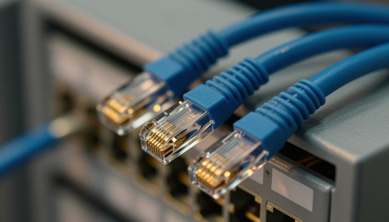 Macro close-up of blue ethernet cables plugged into a gray patch panel