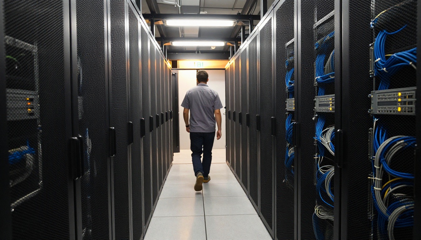 Low-angle view of a server room corridor lined with black racks and bundled cables