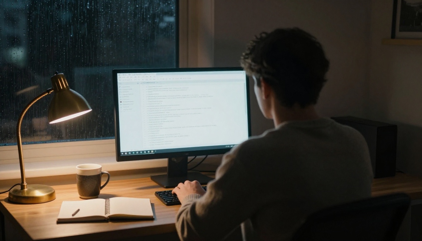 Developer seen from behind at night reading log lines in a terminal under a desk lamp