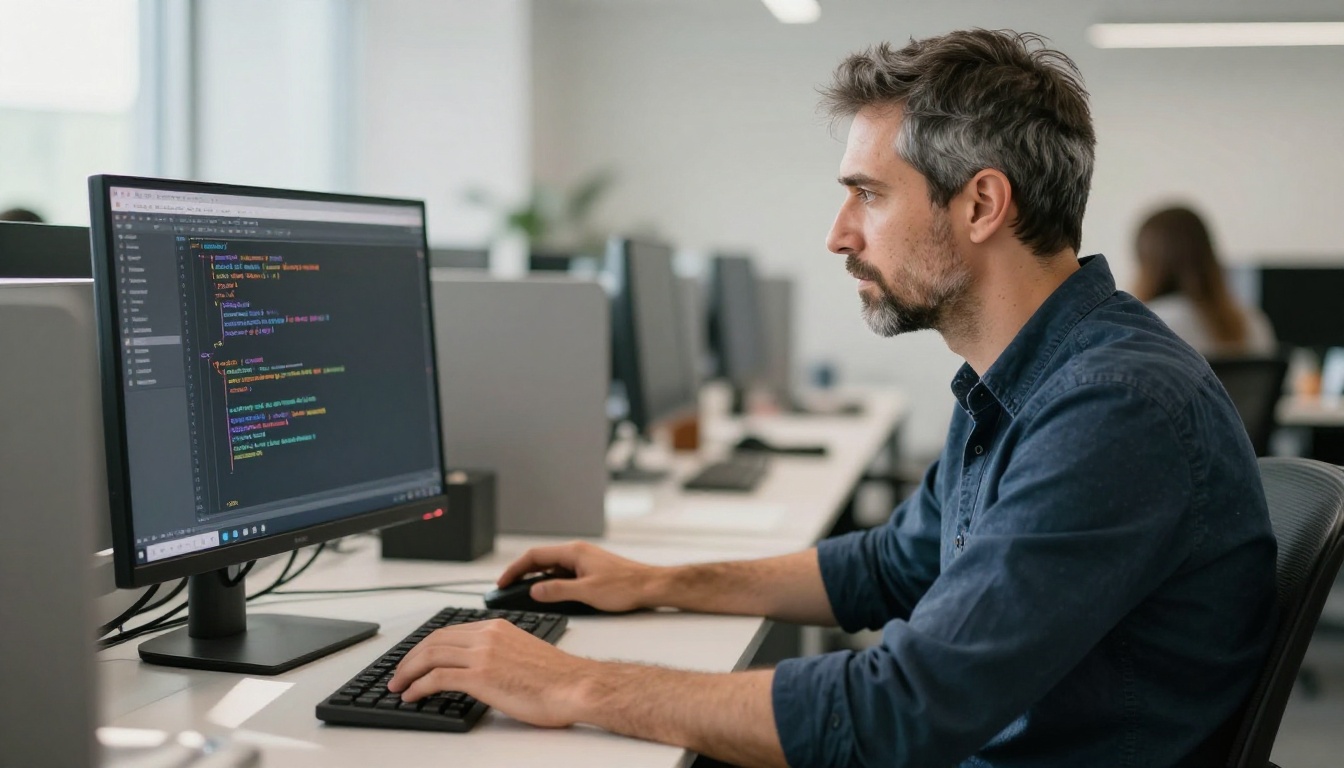 Man at a standing desk in a bright office looking at a monitor with a blurred code editor panel