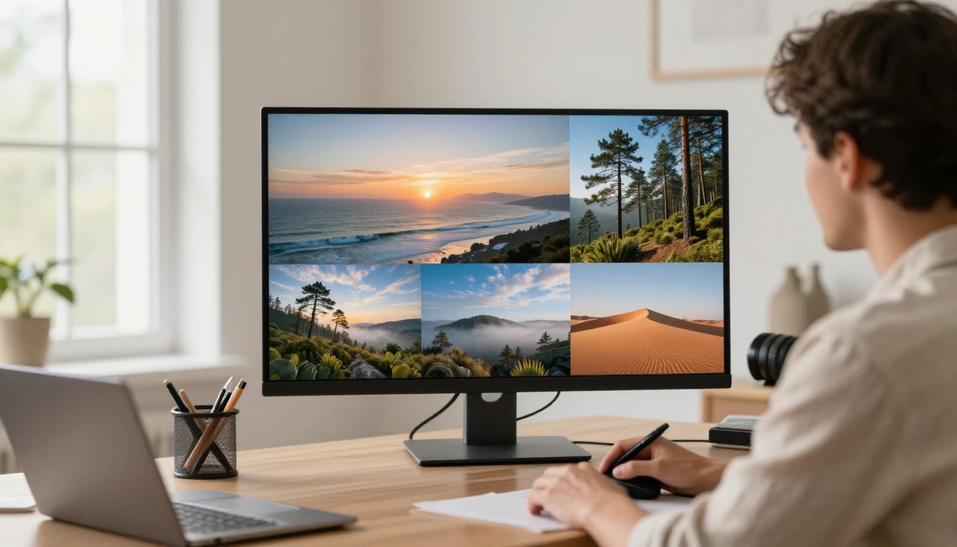 A photographer in a bright studio reviewing a grid of landscape photographs on a large monitor