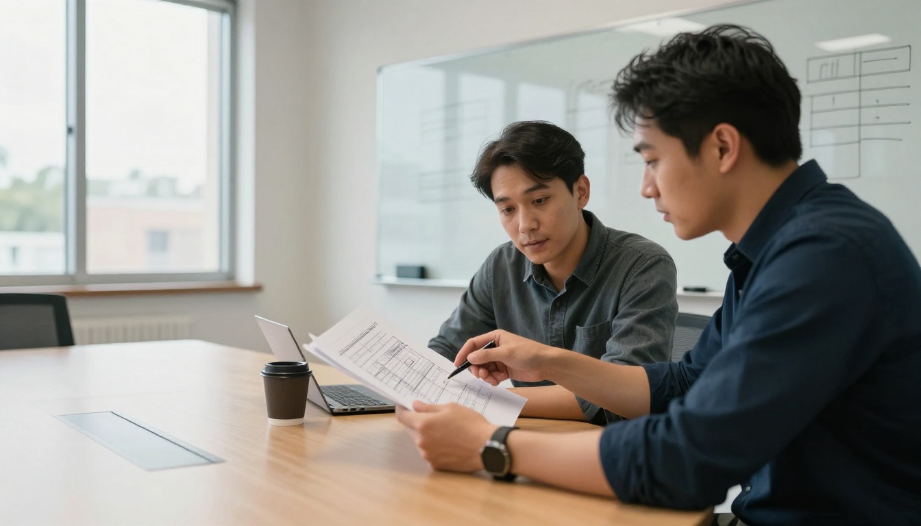 Two engineers reviewing a printed project folder at a long meeting table in daylight