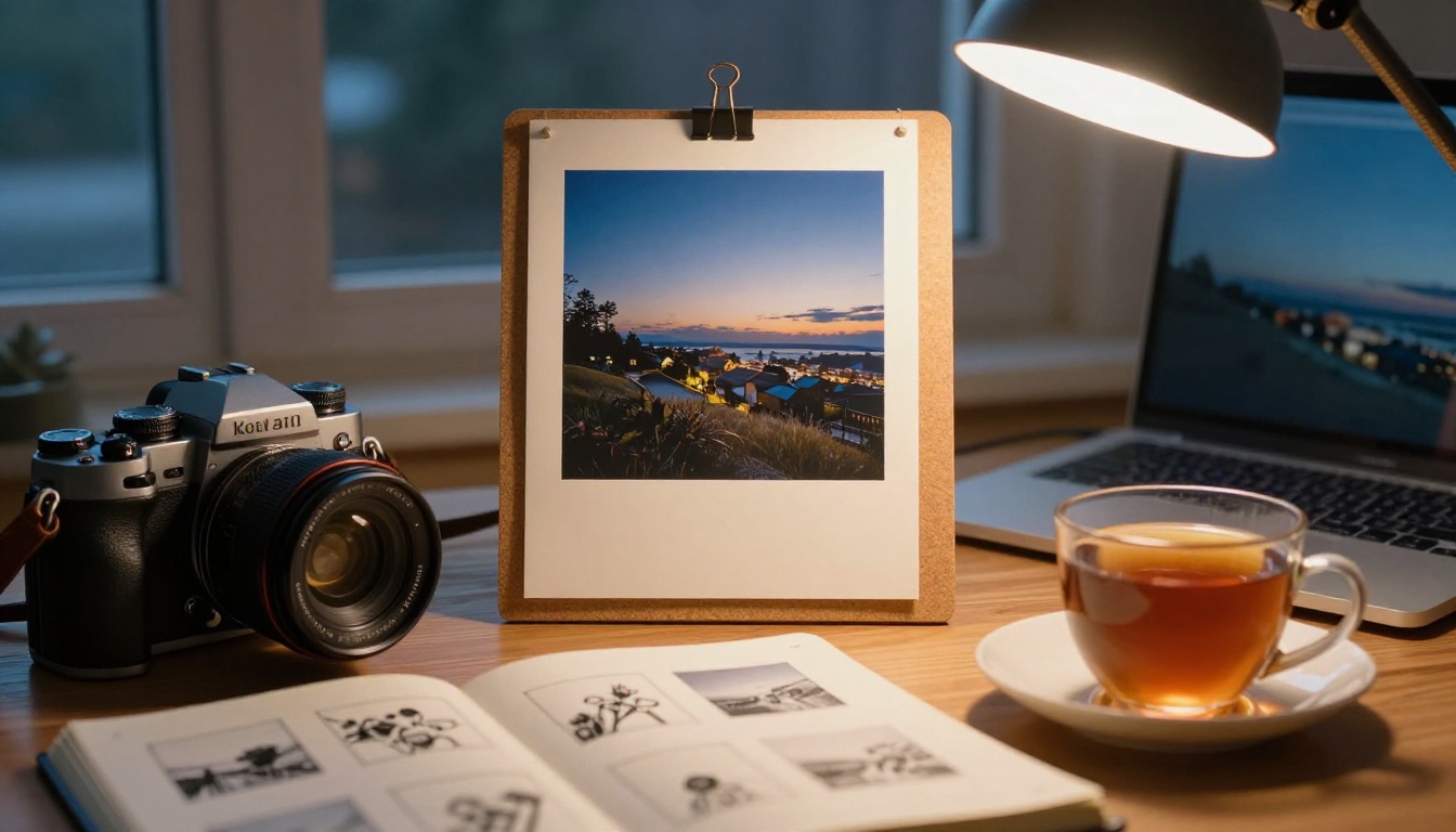 Photographer's workspace at dusk with a printed landscape on a corkboard, a laptop and a camera with a lens