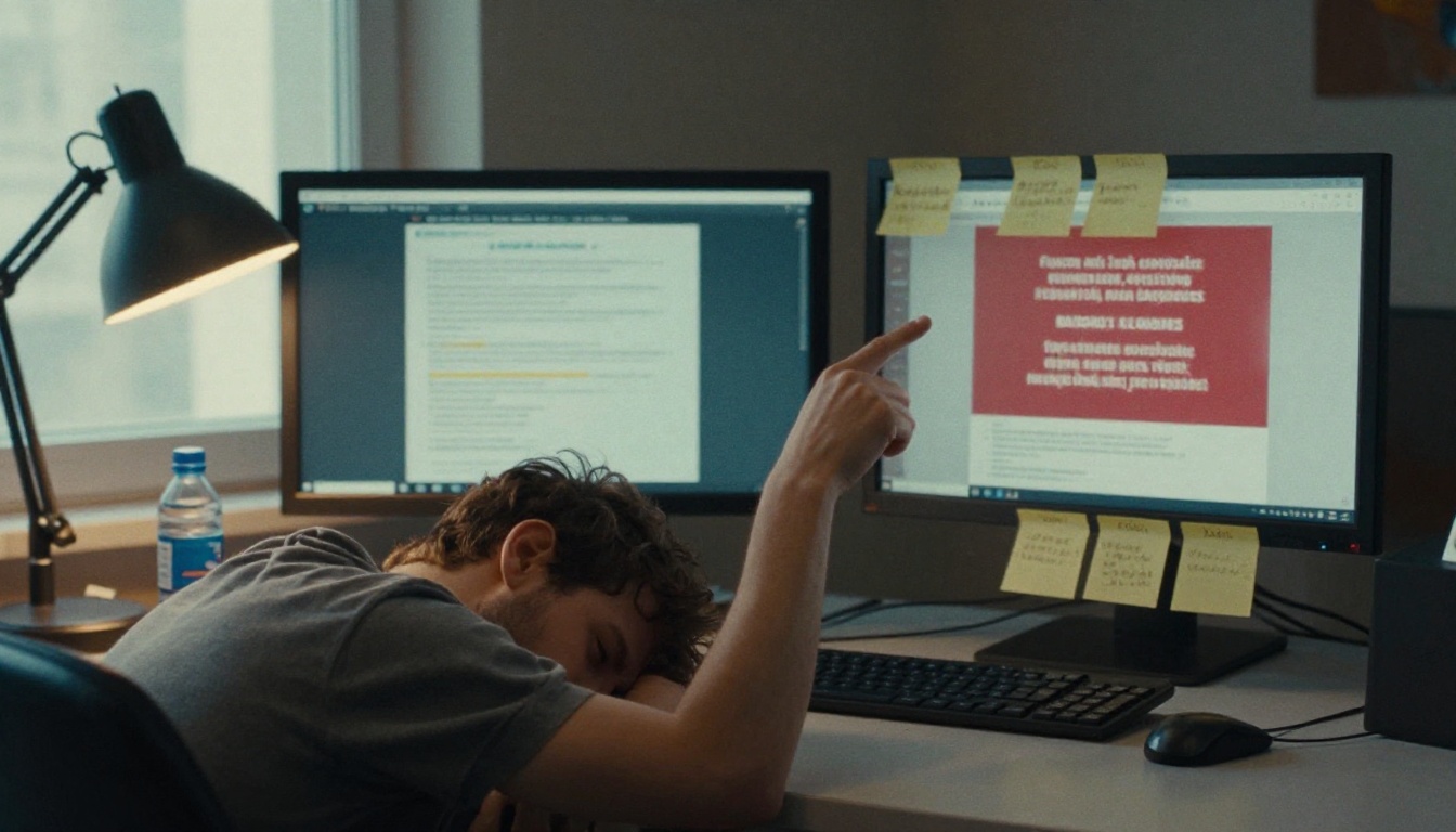 Developer rubbing their temple at a cluttered desk with two monitors and sticky notes on the bezel