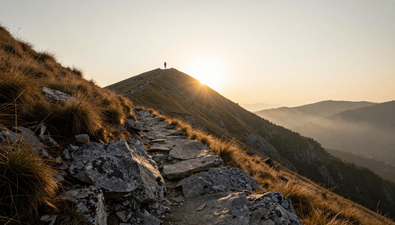 Lone hiker walking a winding mountain trail toward a ridge at sunrise