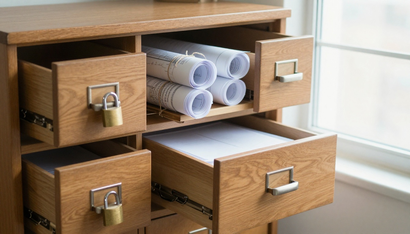 Three oak filing drawers pulled open at different depths, a visual metaphor for local, project and user scopes