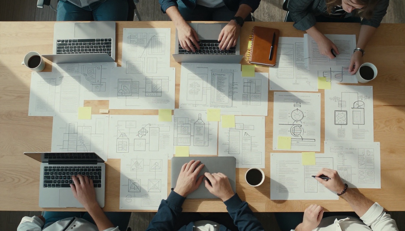 Top-down view of a shared team table with one personal notebook set apart on the corner